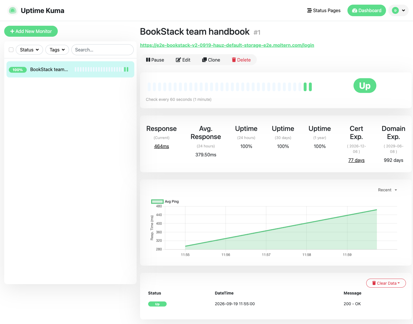 Uptime Kuma reporting a successful BookStack HTTP check, response times, and history