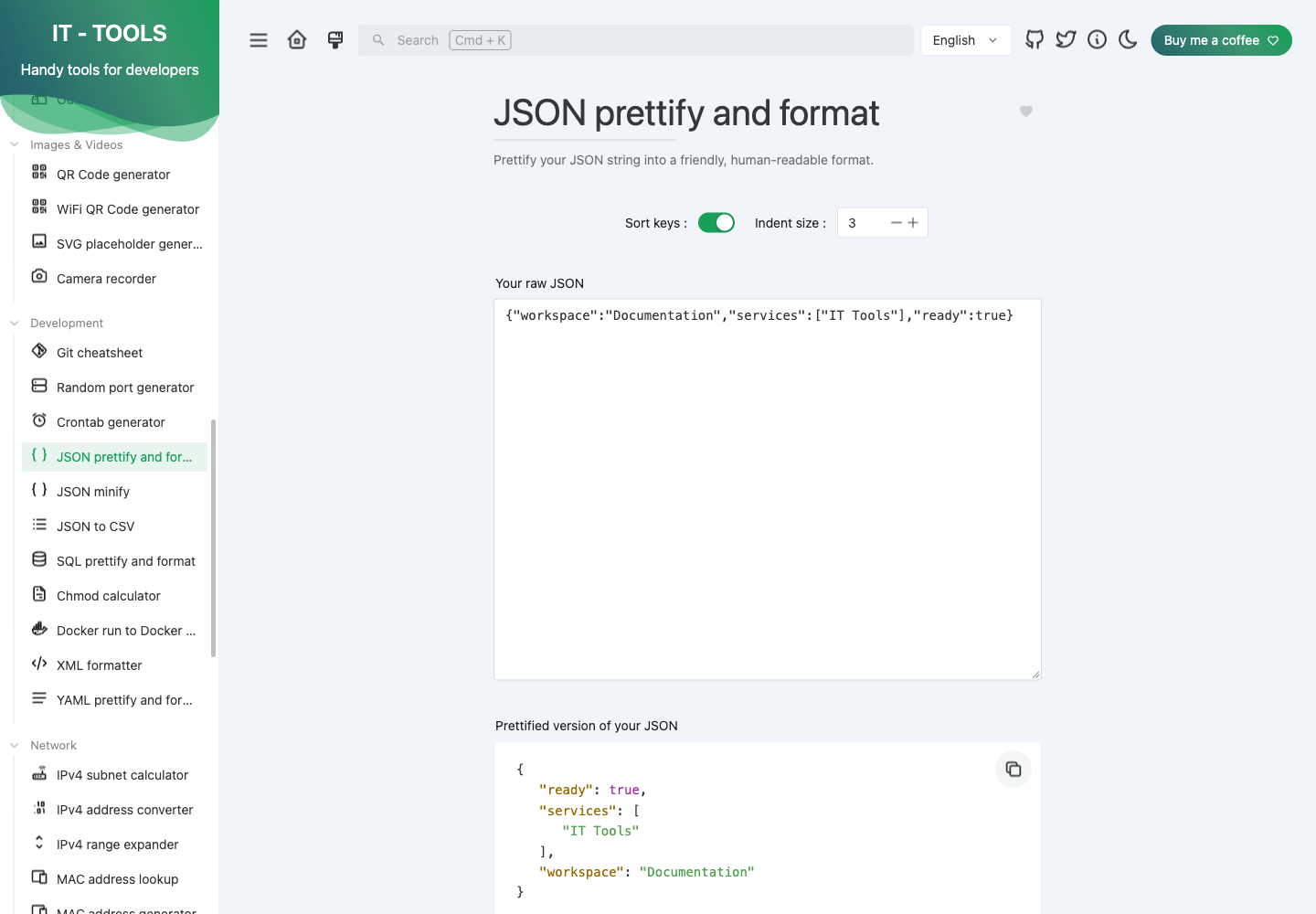 IT Tools formatting JSON in the deployed application