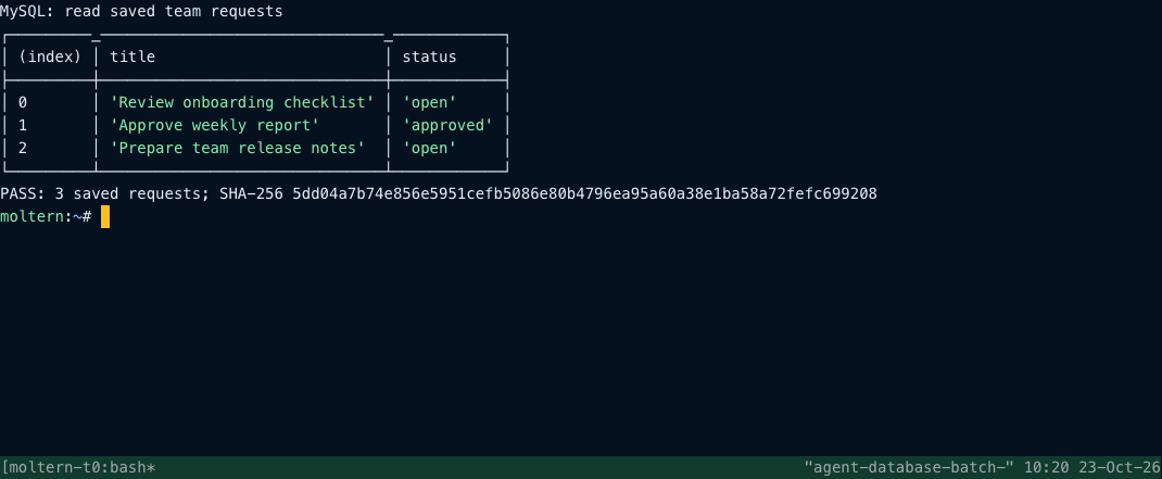 Reading three original MySQL records from a coding-agent terminal after restart