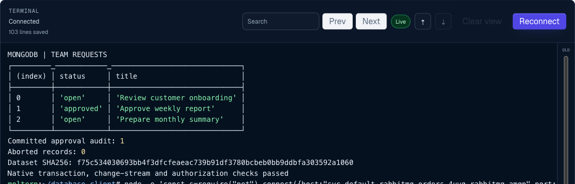 A connected client querying team requests after a committed approval, with no records from an aborted transaction