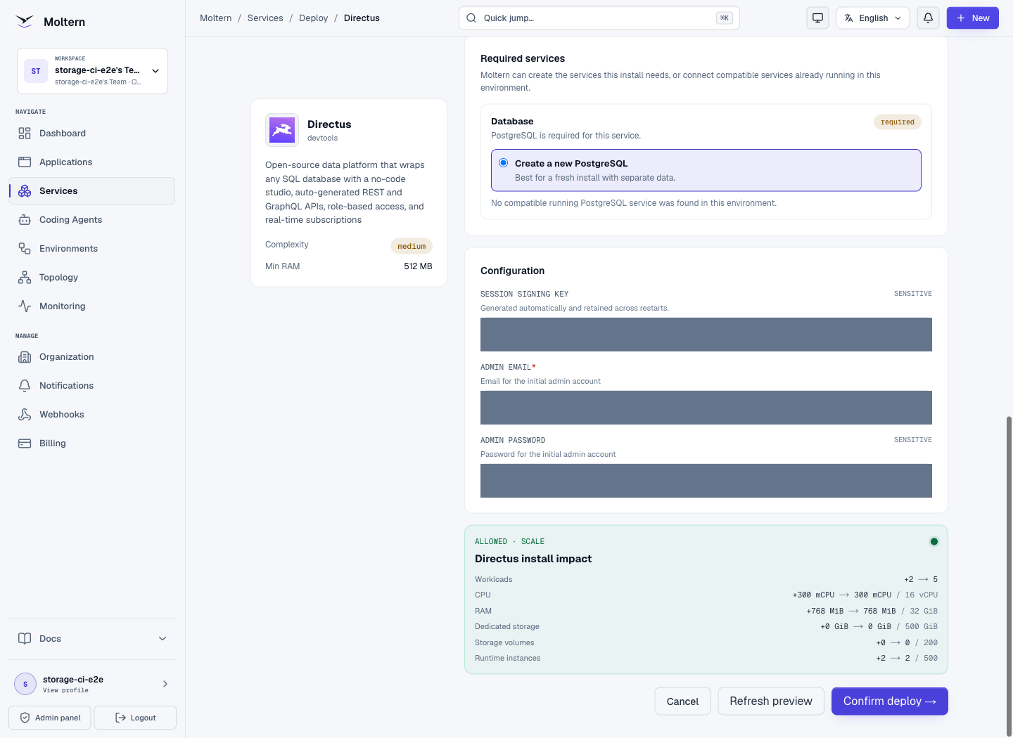 Real Directus deployment preview with a new PostgreSQL dependency and both workloads included