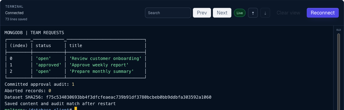 The same team requests, committed audit and content digest read back after a database replacement