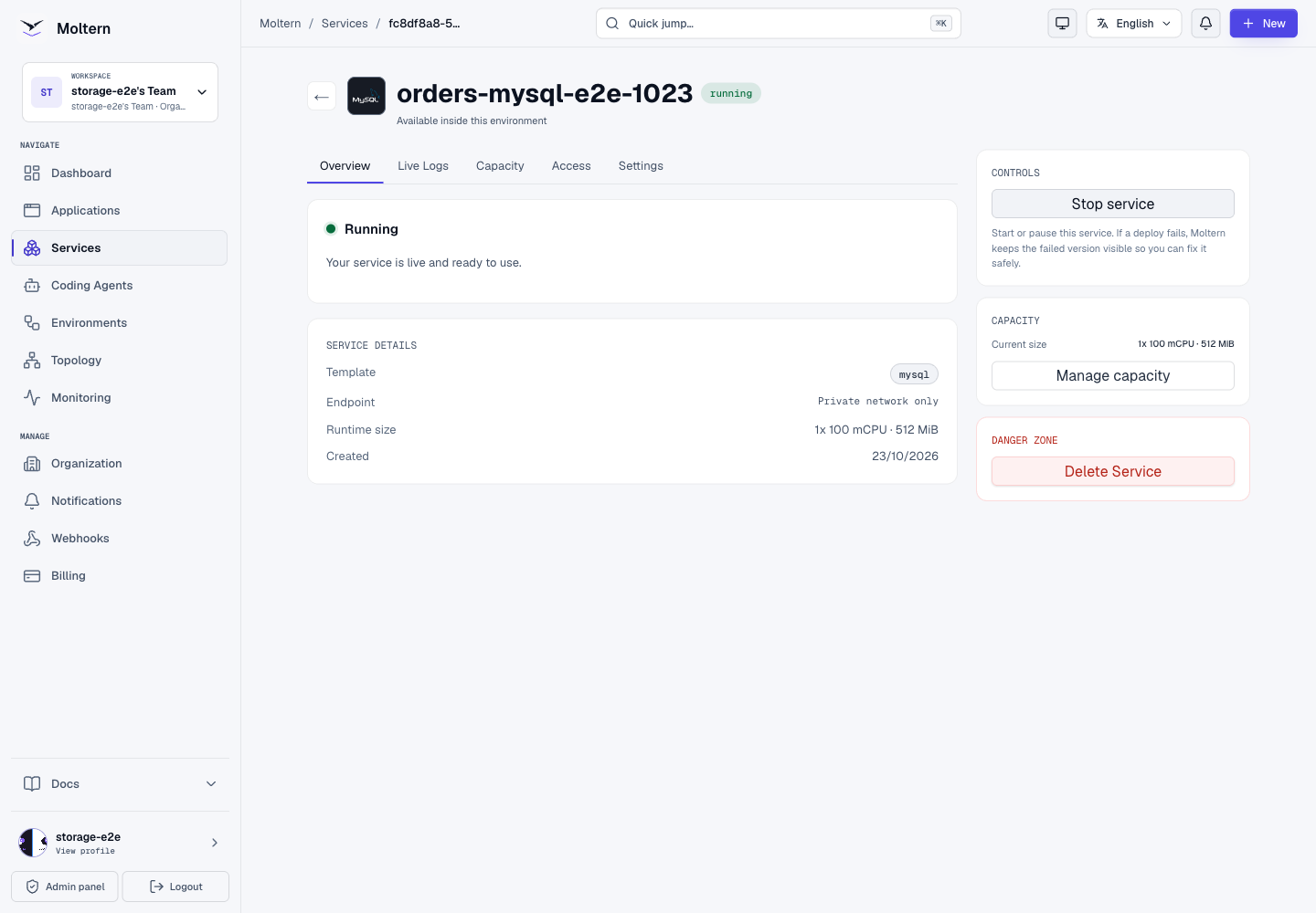 A running private MySQL instance and its capacity controls