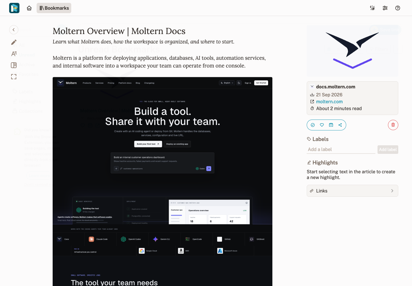 A real saved article in Readeck with extracted text, source information and reading controls