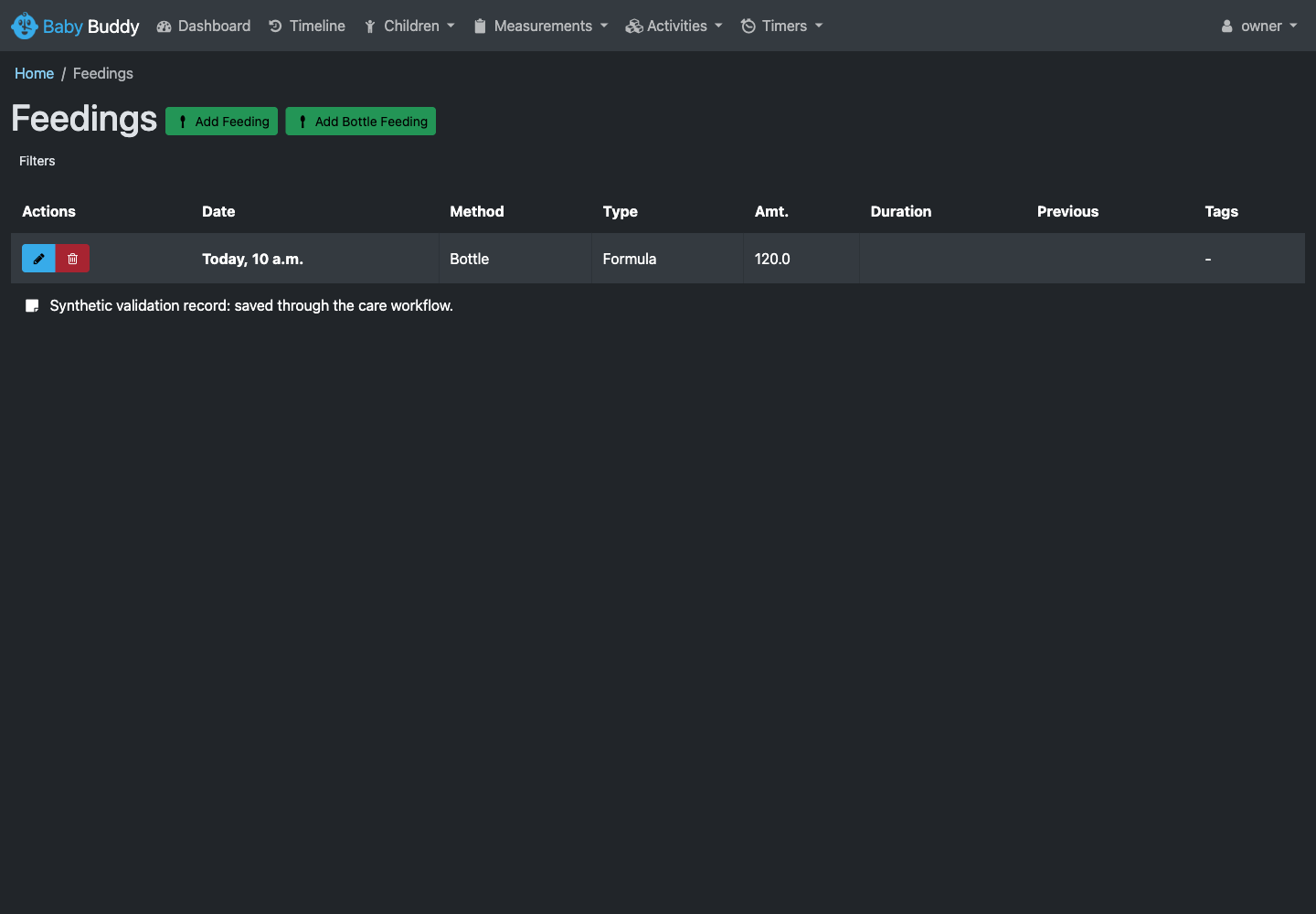 A fictional child's feeding saved in the actual Baby Buddy interface