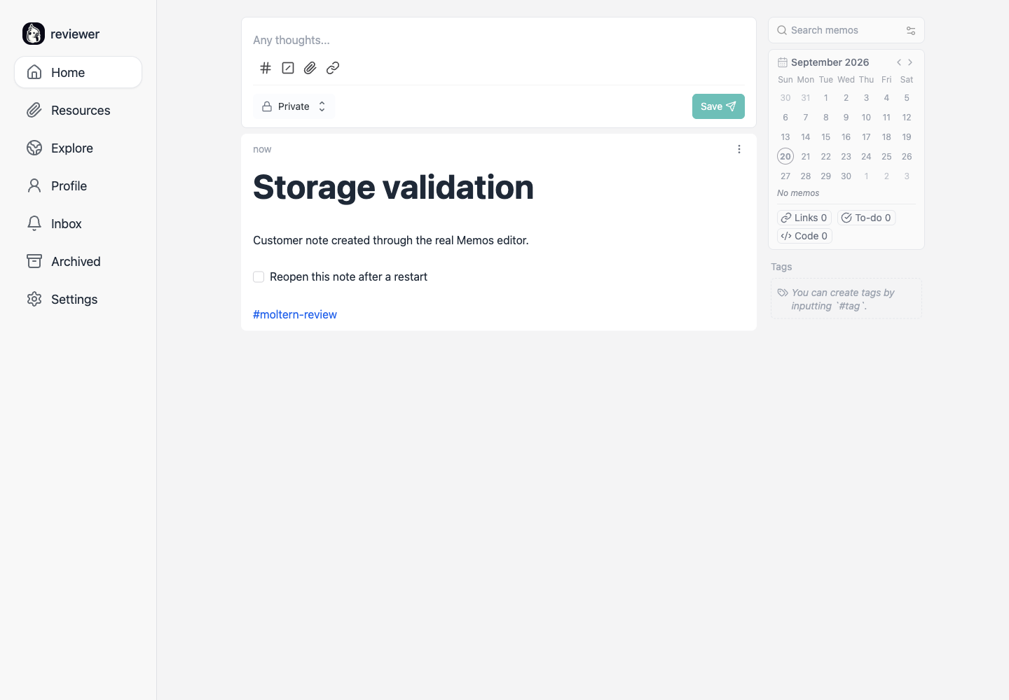 A private Markdown note saved in the actual Memos interface, with a heading, task and tag
