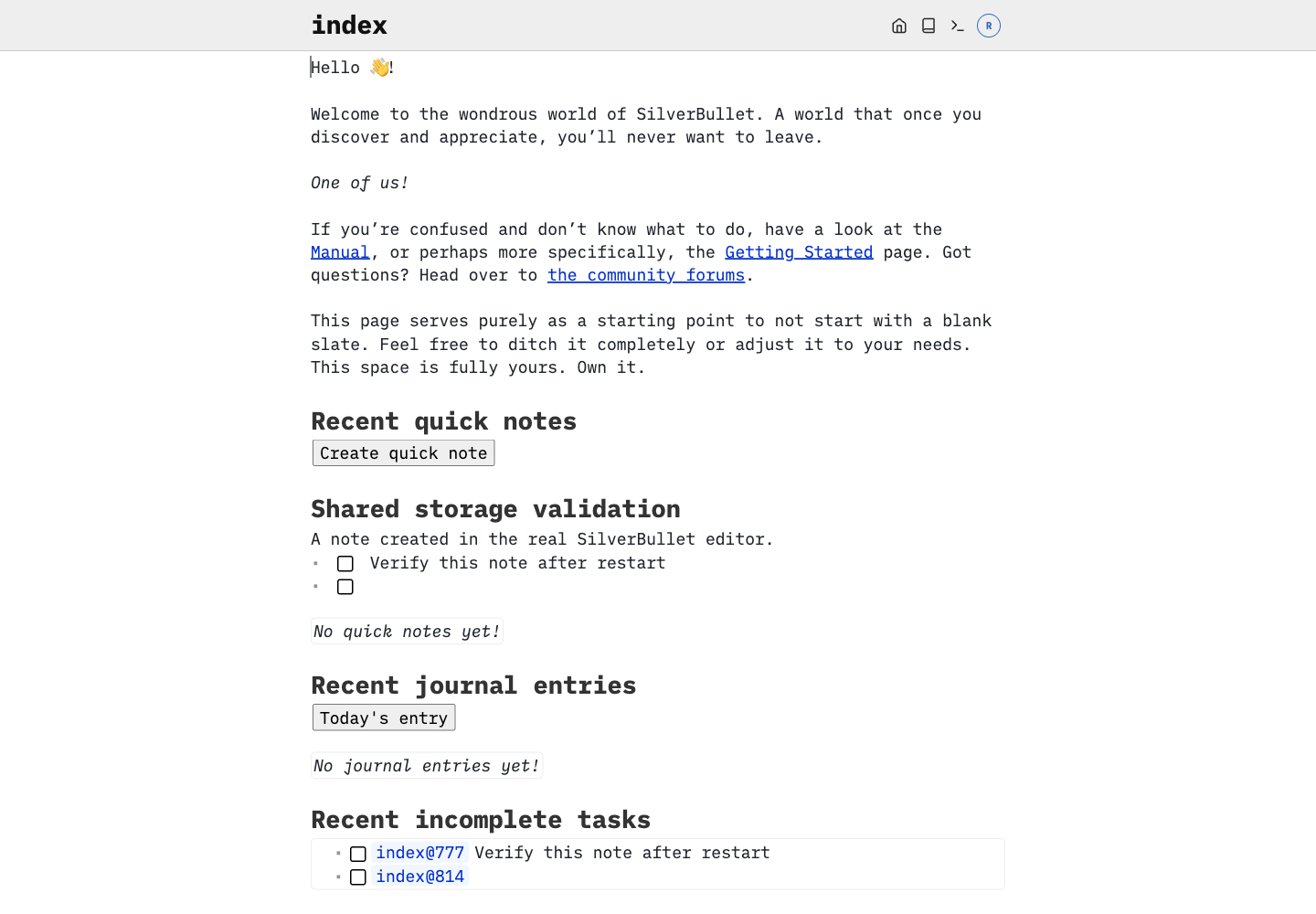A Markdown note and task saved in the actual SilverBullet editor