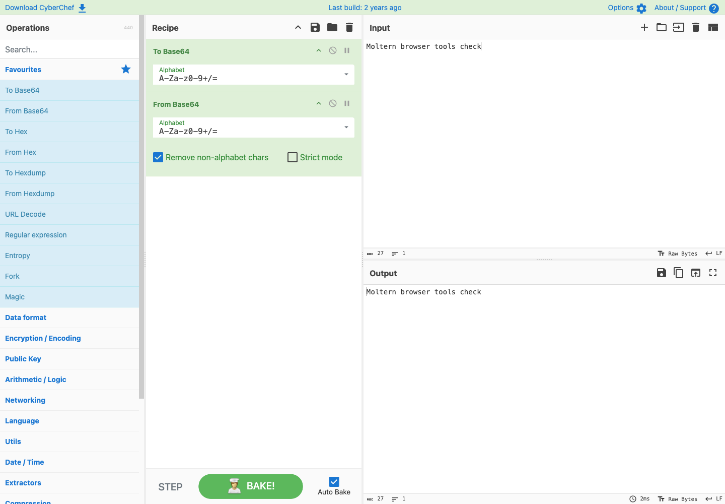 Saved round-trip recipe running in CyberChef