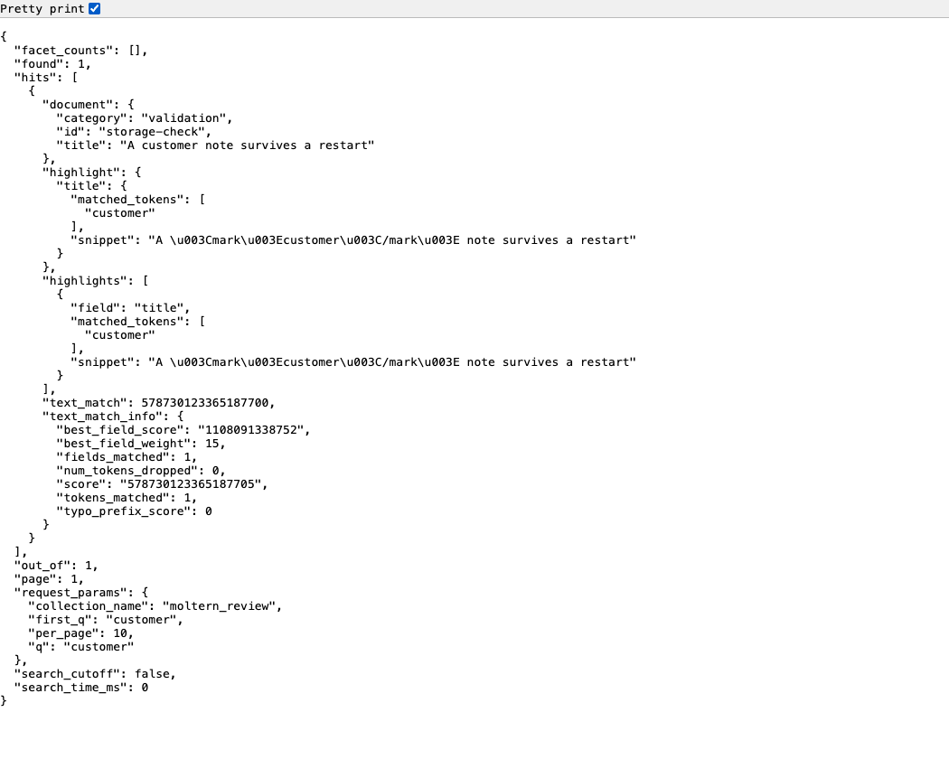 Real Typesense search response containing an indexed validation document
