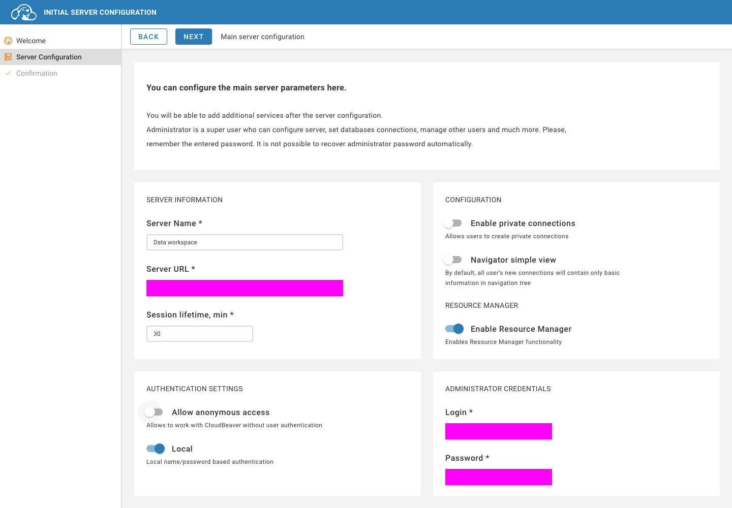 CloudBeaver setup with anonymous access disabled and sensitive values hidden