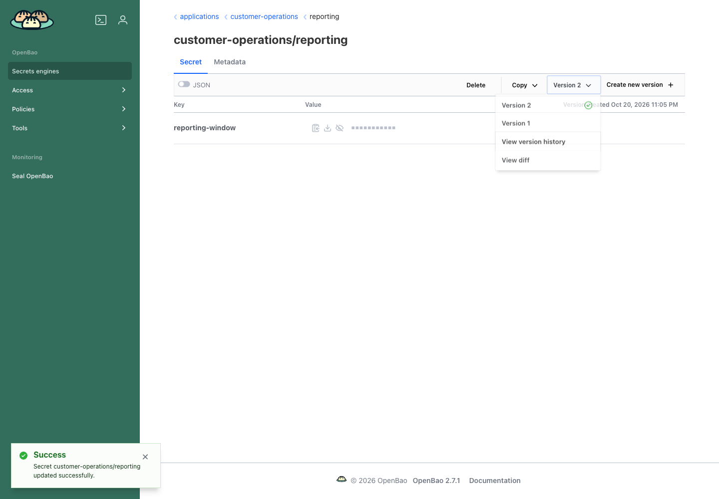 Reviewing the saved versions of an application secret