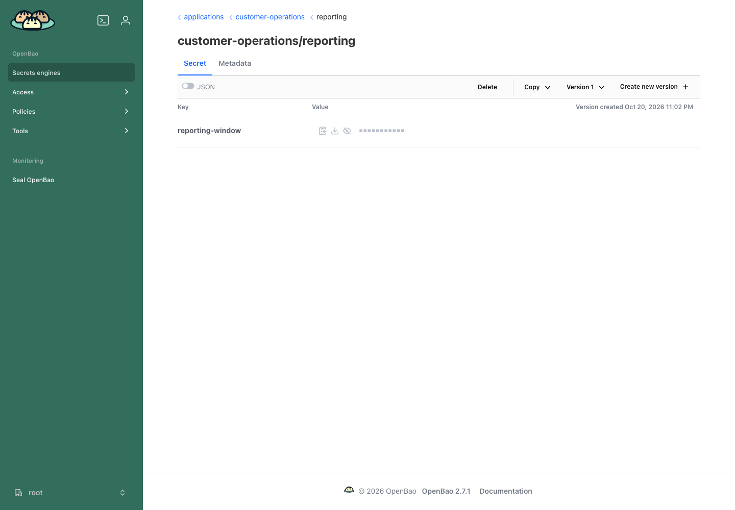 A saved application secret remains masked in the native console