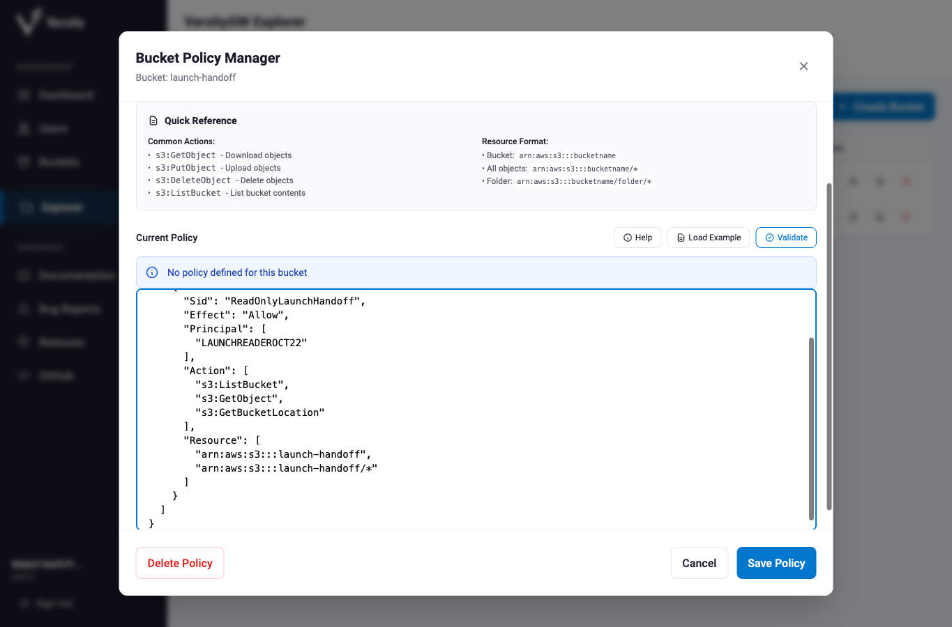 A native bucket policy grants one client list and download operations for only the handoff bucket