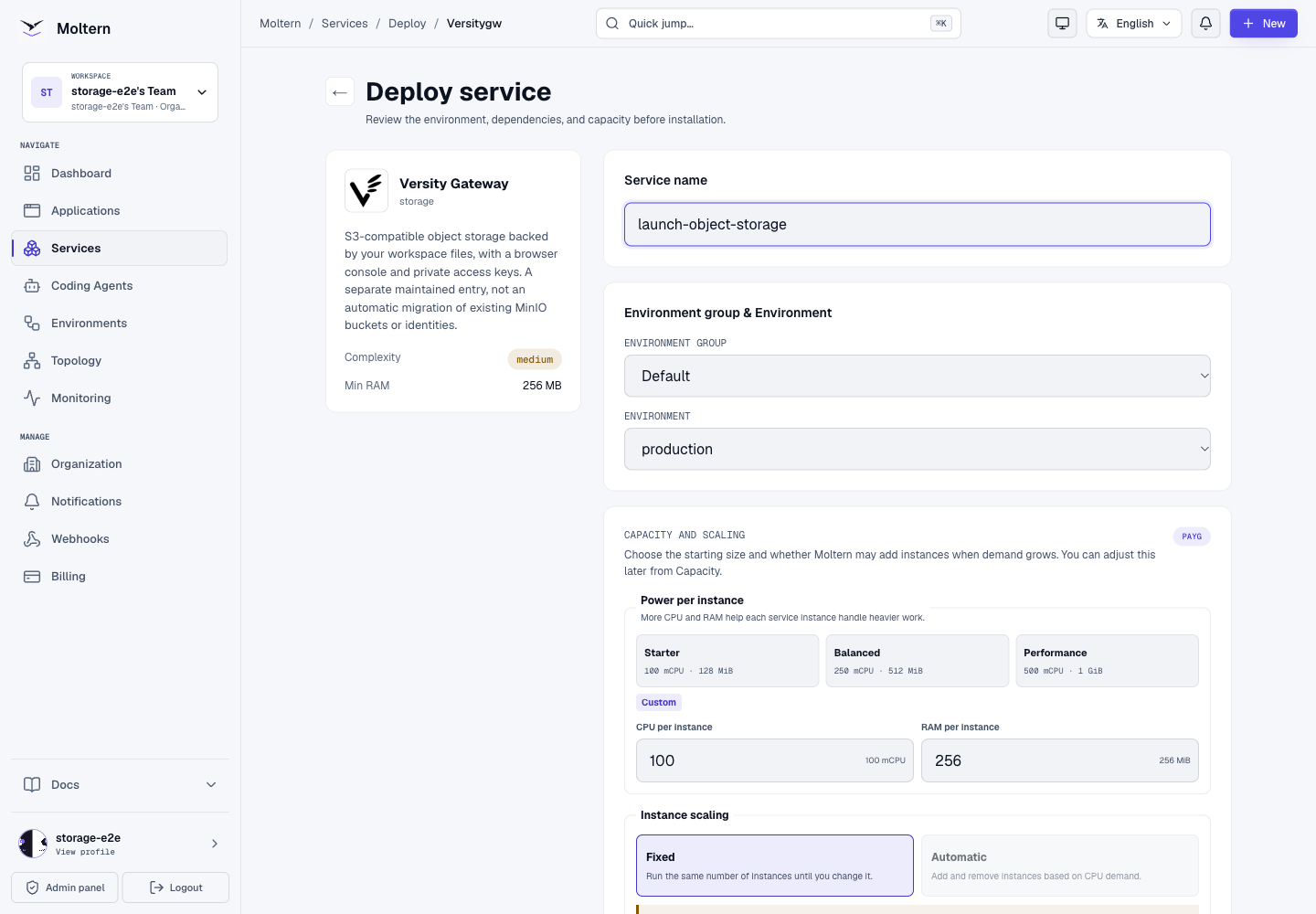 Choosing the environment, capacity and initial owner configuration for Versity Gateway in Moltern