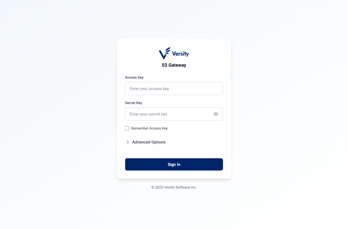Versity Gateway's native access-key and secret-key sign-in form