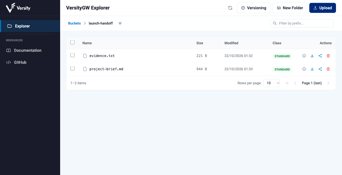 A restricted native user opens the allowed bucket by name and sees its two documents