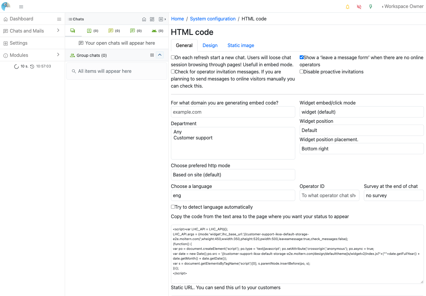 Generating the website chat widget in Live Helper Chat