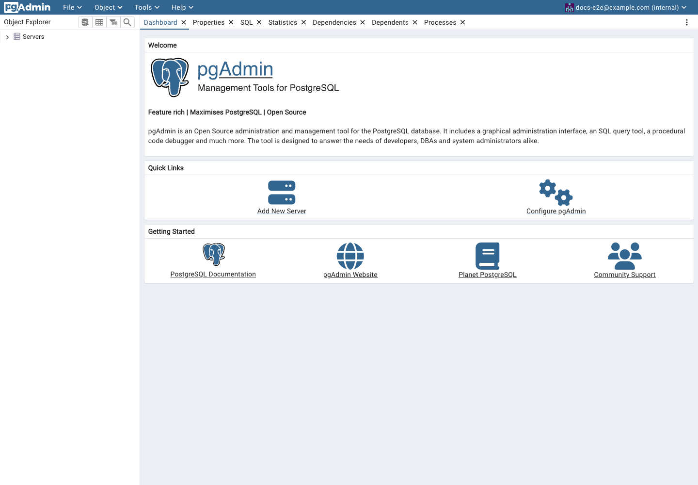Real pgAdmin Object Explorer after successful login, before any database connection